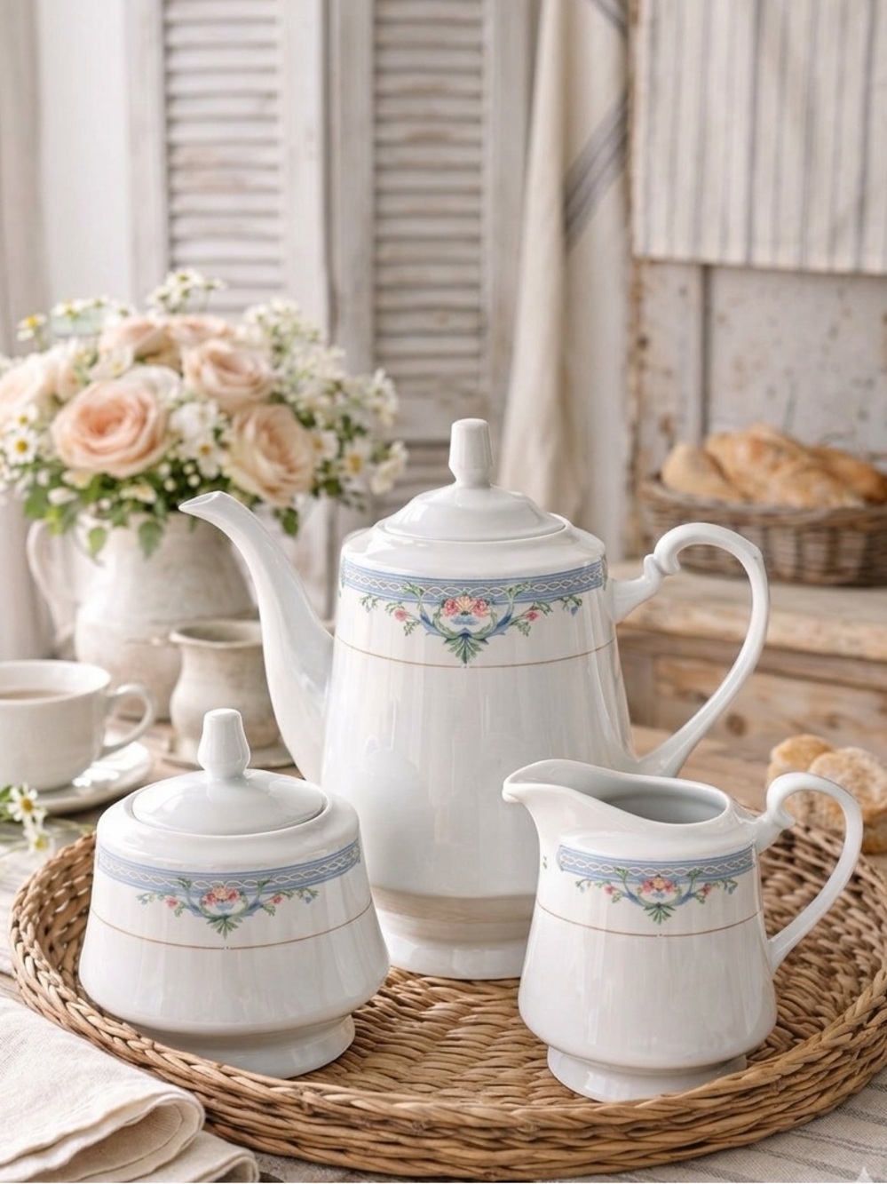 Vintage 90s Macy’s Cellar Claudette Blue Floral Tea Set Teapot Creamer Sugar